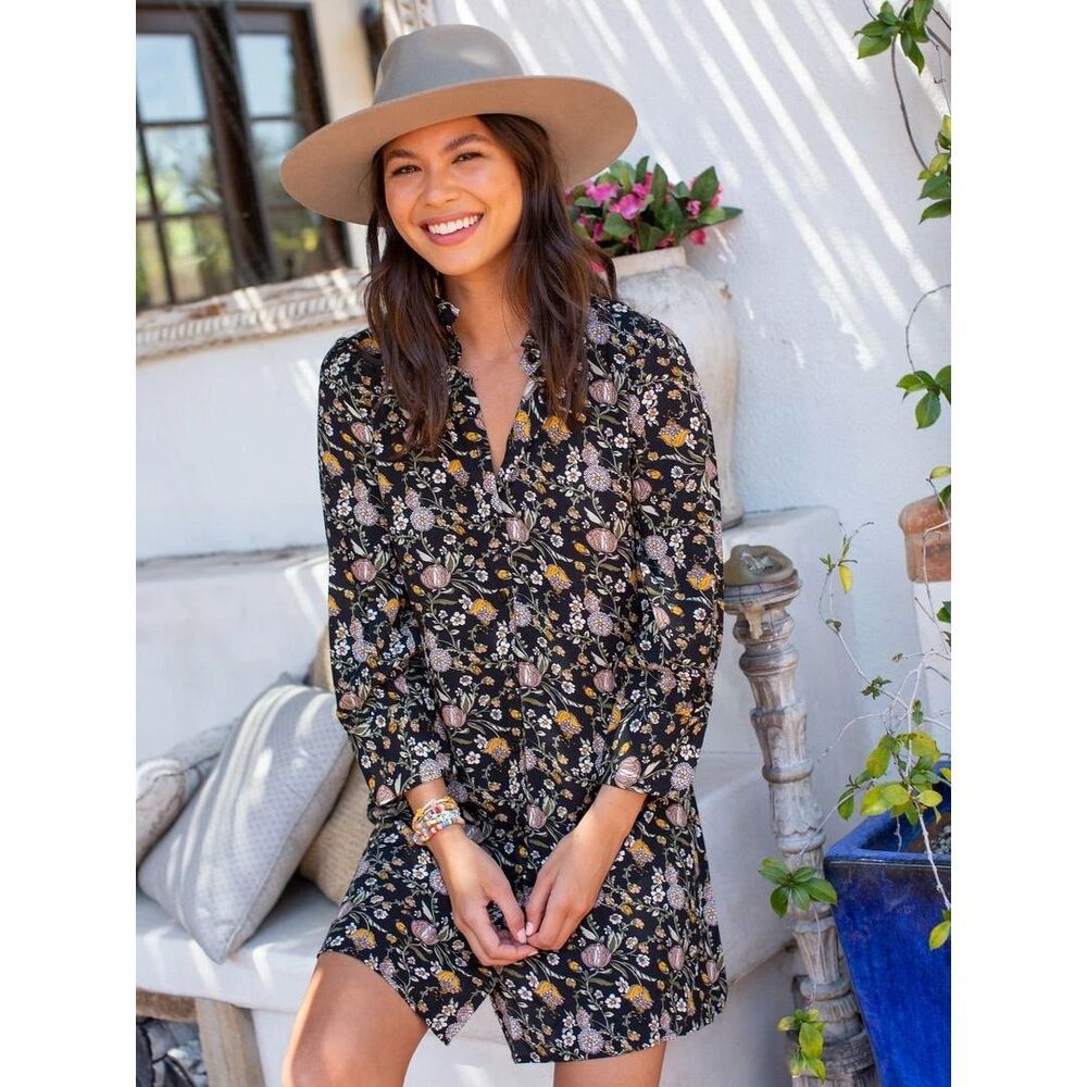 Natural Life Twiggy Mini Boho Floral Button Down Shirt Dress Long Sleeve Medium